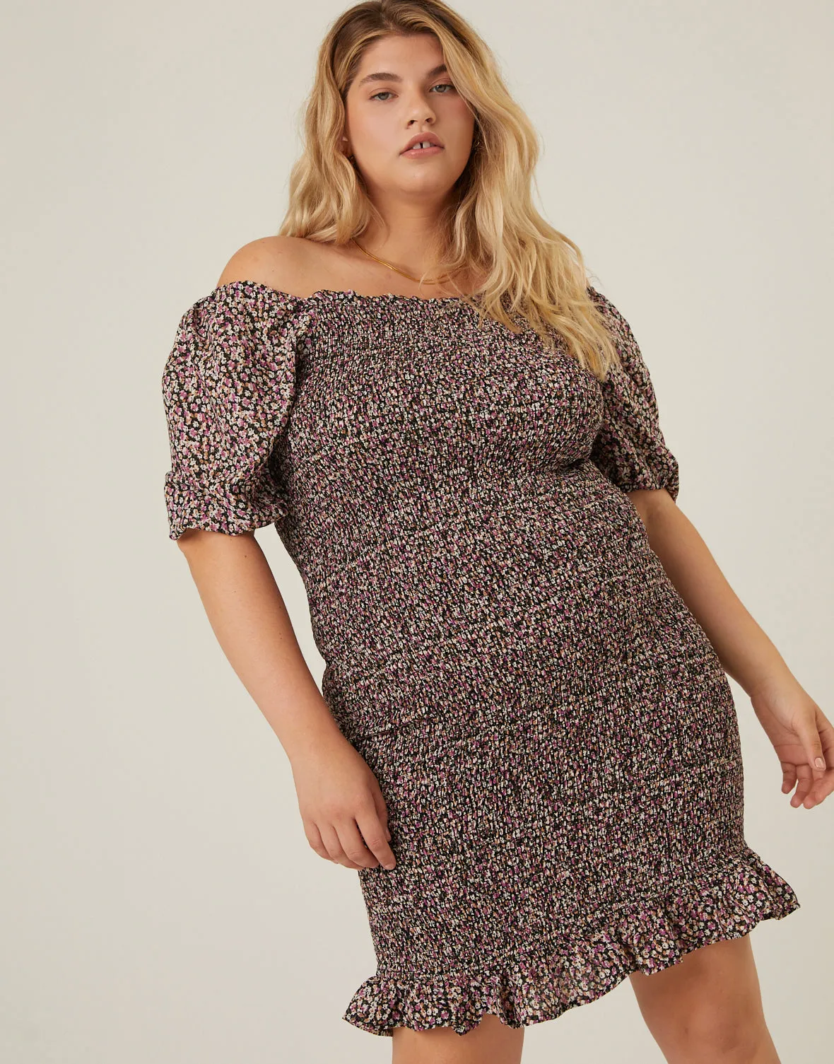 Plus Size Smocked Chiffon Mini Dress