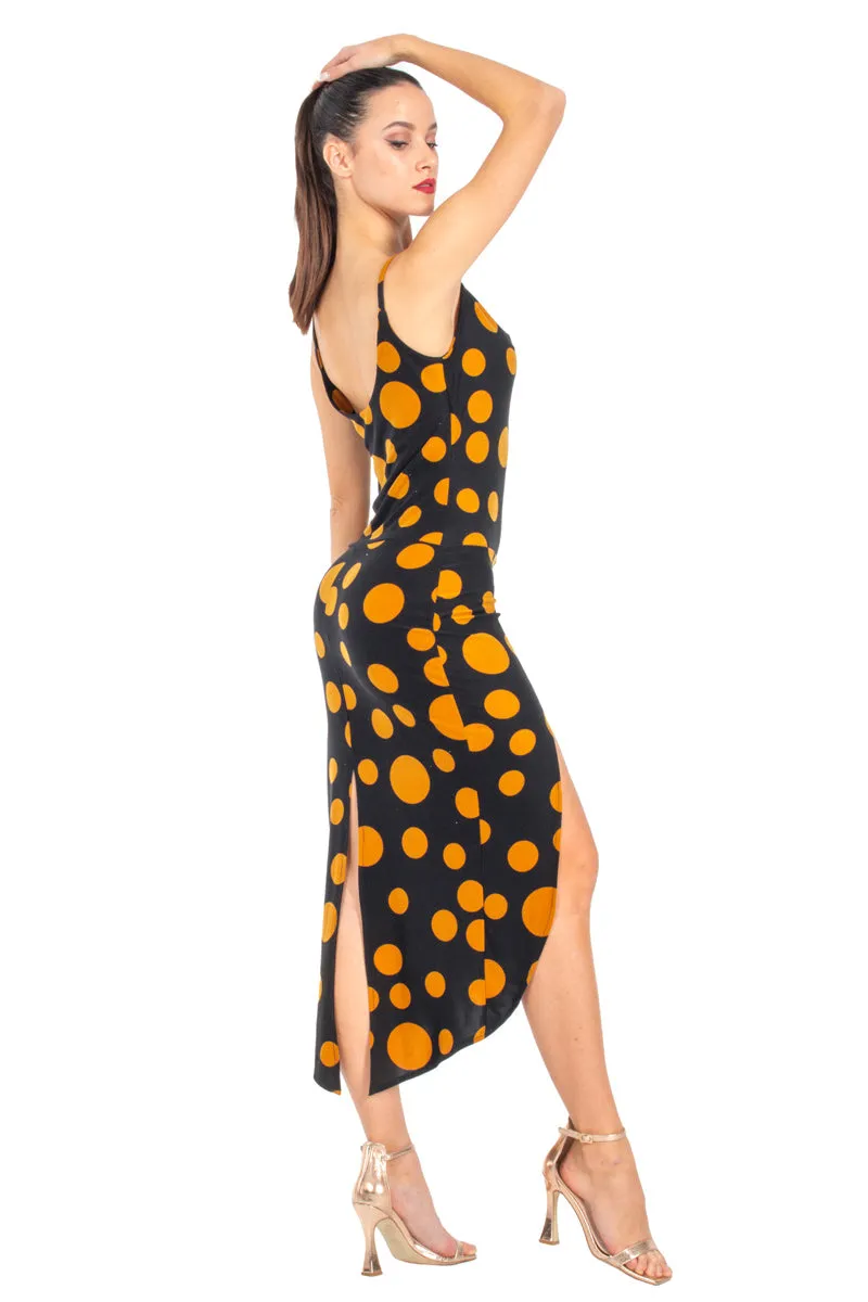 Polka Dot Tango Dress With Curved Front Slit