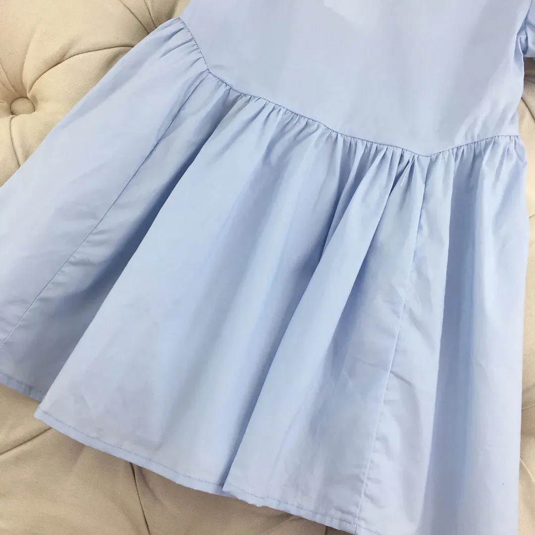 Preppy Style Summer Kids Girls Dresses Baby Girl Solid Blue Dress Fashion Children short sleeve clothing