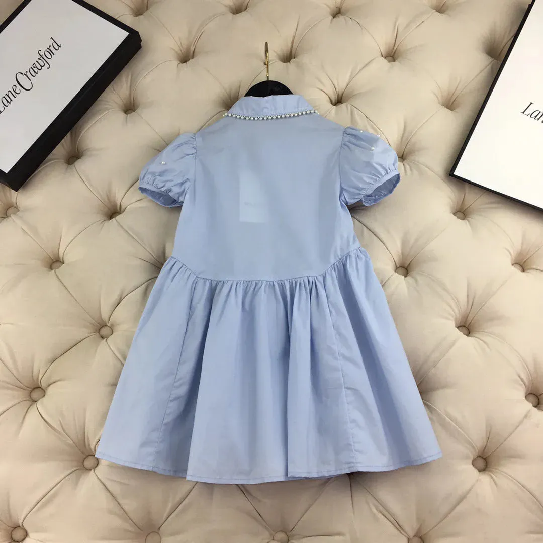 Preppy Style Summer Kids Girls Dresses Baby Girl Solid Blue Dress Fashion Children short sleeve clothing