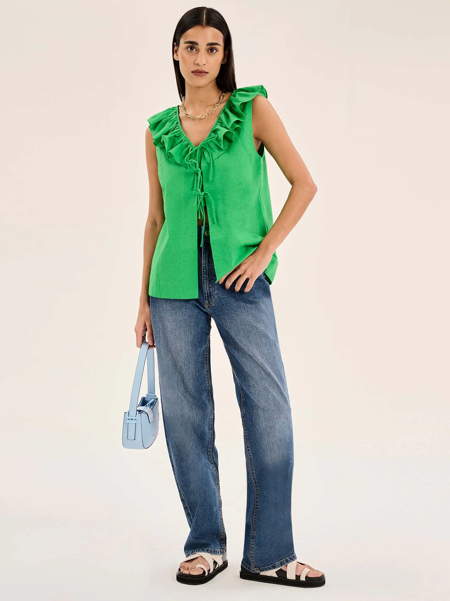 Rachael Frill Collar Sleeveless Blouse in Green