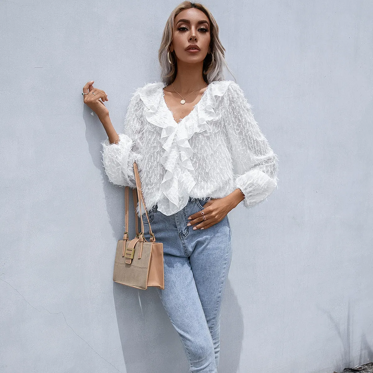 Ruffle Hem Fringe Balloon Sleeve Resort Blouse