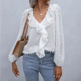 Ruffle Hem Fringe Balloon Sleeve Resort Blouse