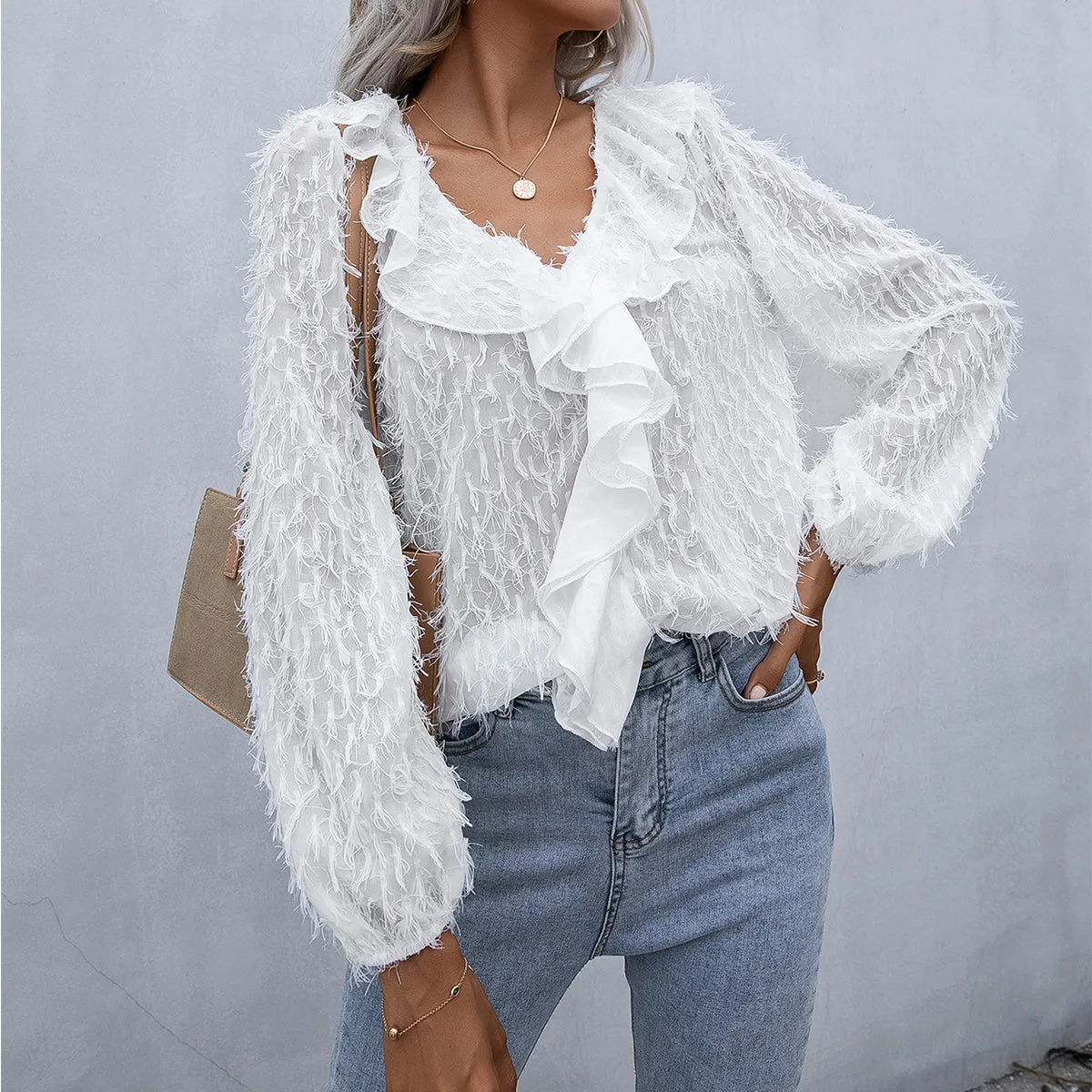 Ruffle Hem Fringe Balloon Sleeve Resort Blouse