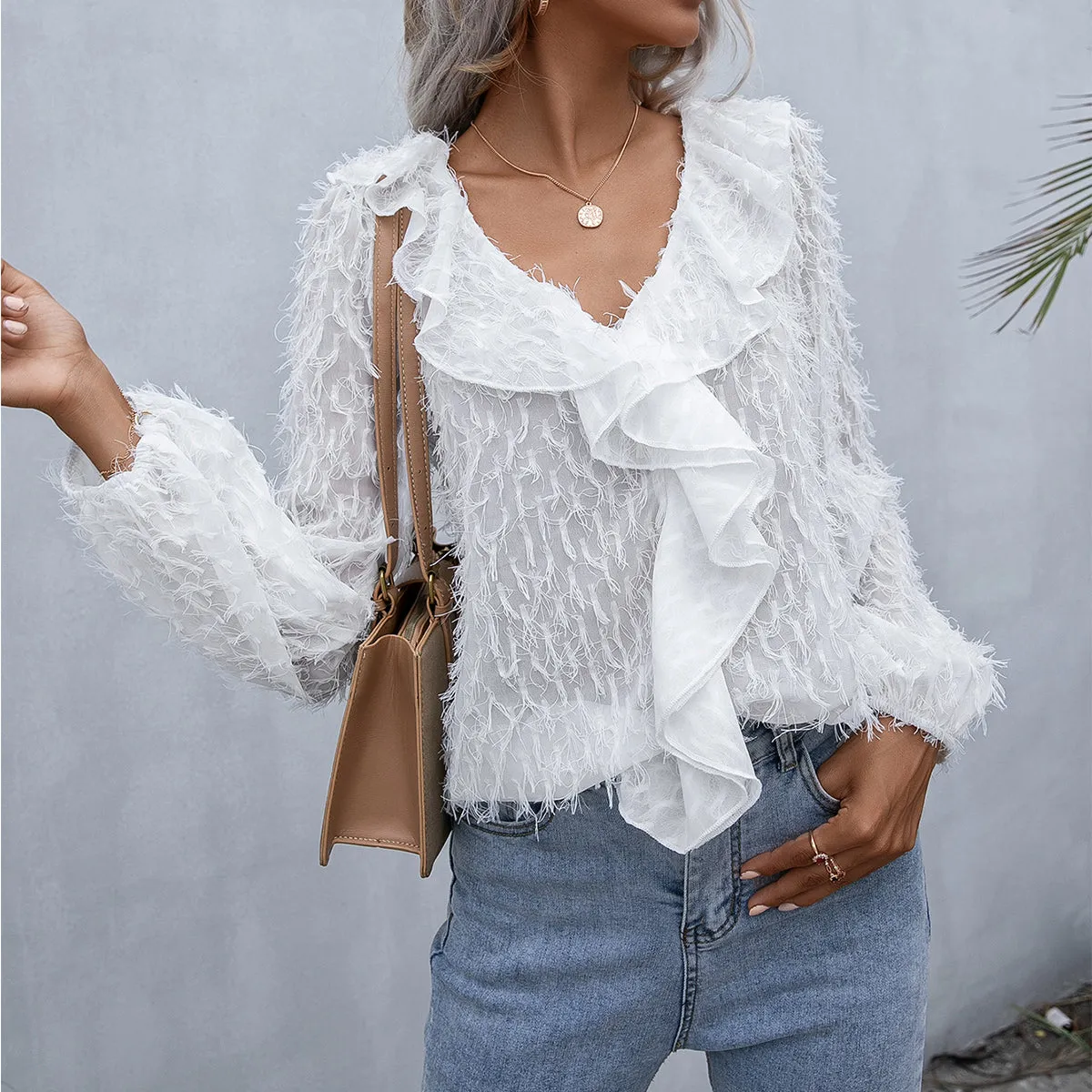 Ruffle Hem Fringe Balloon Sleeve Resort Blouse