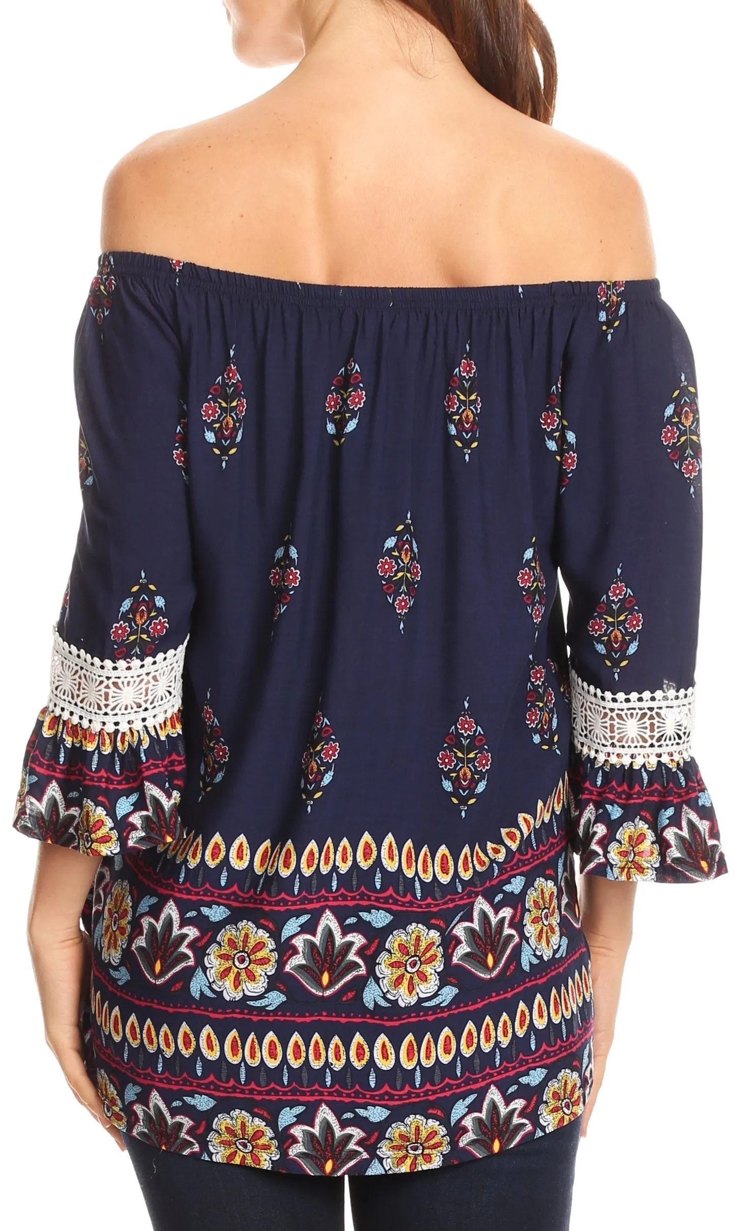 Sakkas Licia Peasant Boho Off-shoulder Top Blouse Floral Paisley with Crochet Lace