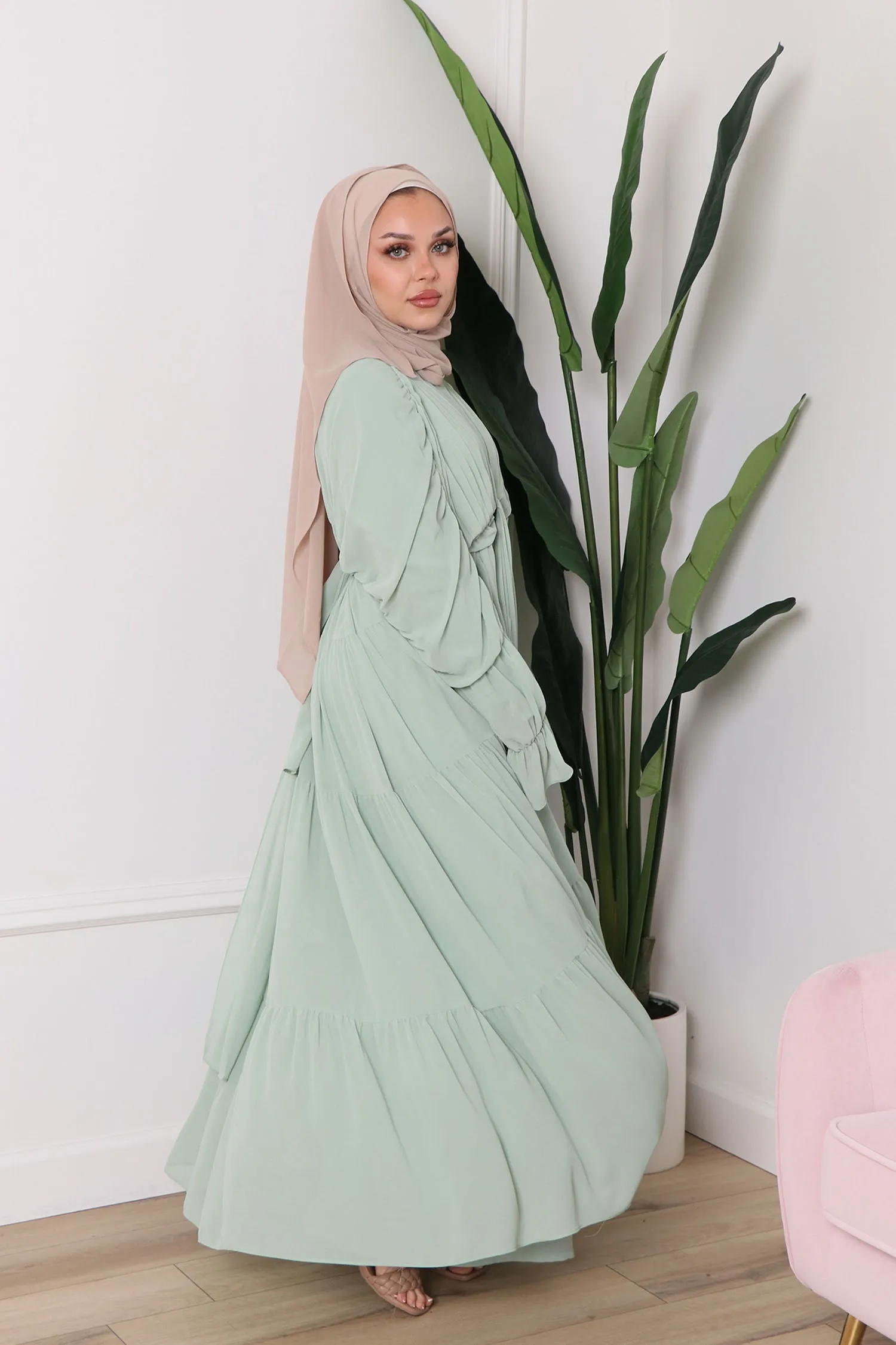 Saleema Chiffon Open Abaya - Light Sage