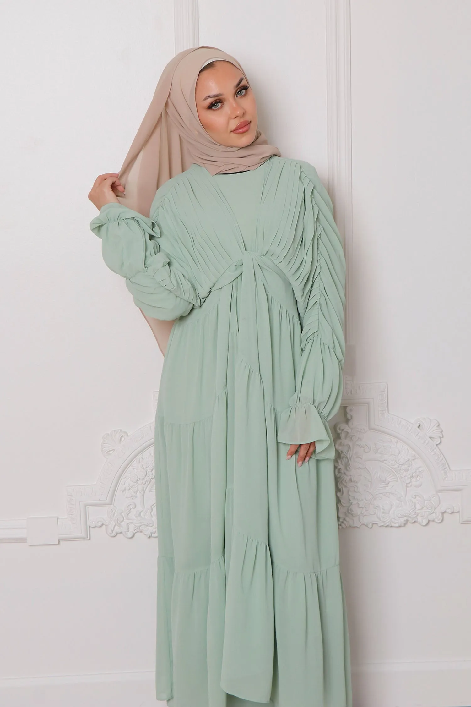 Saleema Chiffon Open Abaya - Light Sage