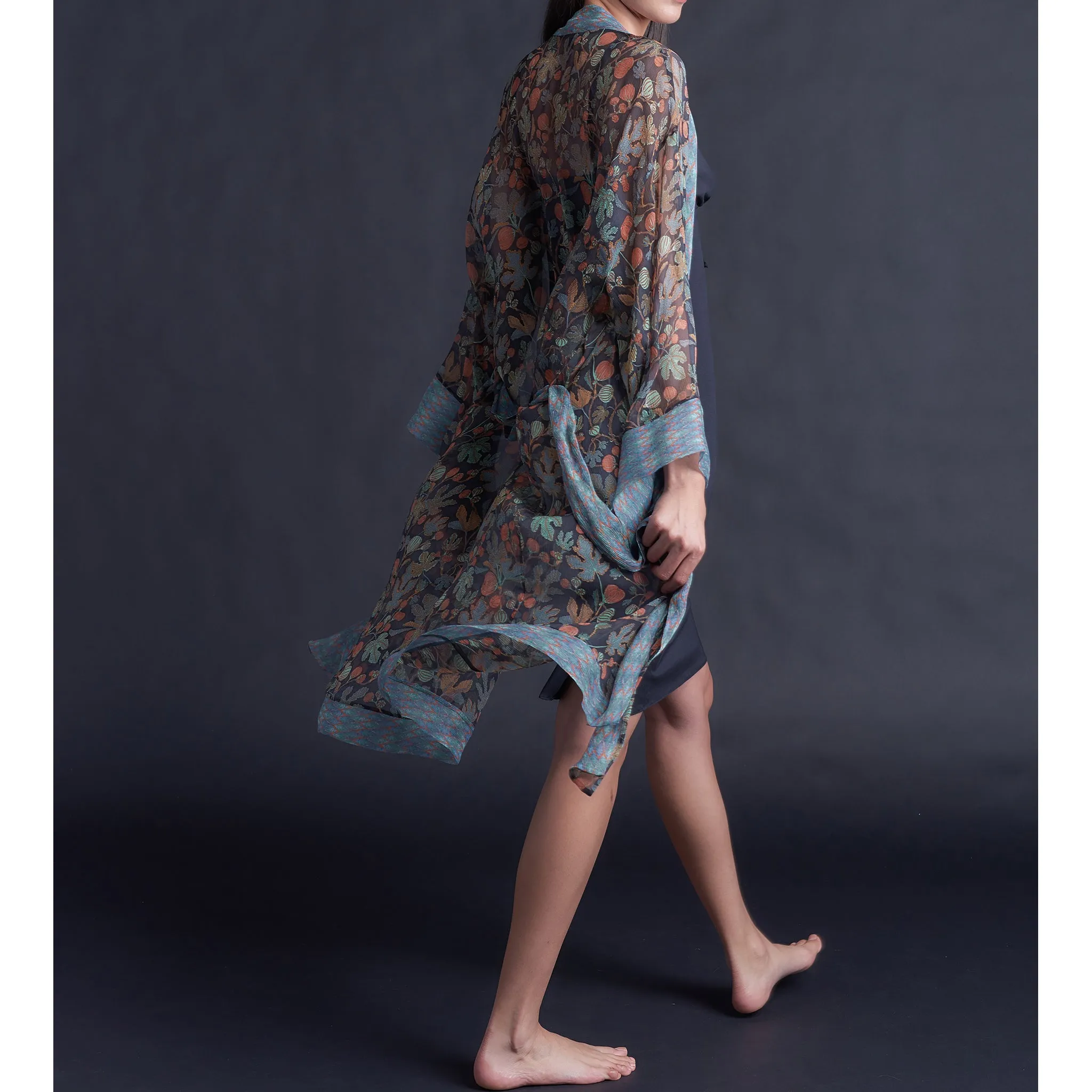 Selene Knee Length Robe in Print Block Persimmon Liberty Silk Crinkle Chiffon