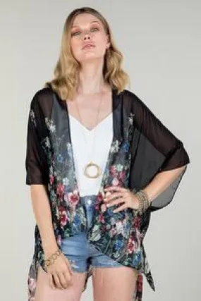 Sheer black floral print kimono