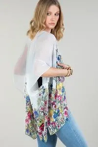 Sheer white floral print kimono