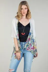 Sheer white floral print kimono