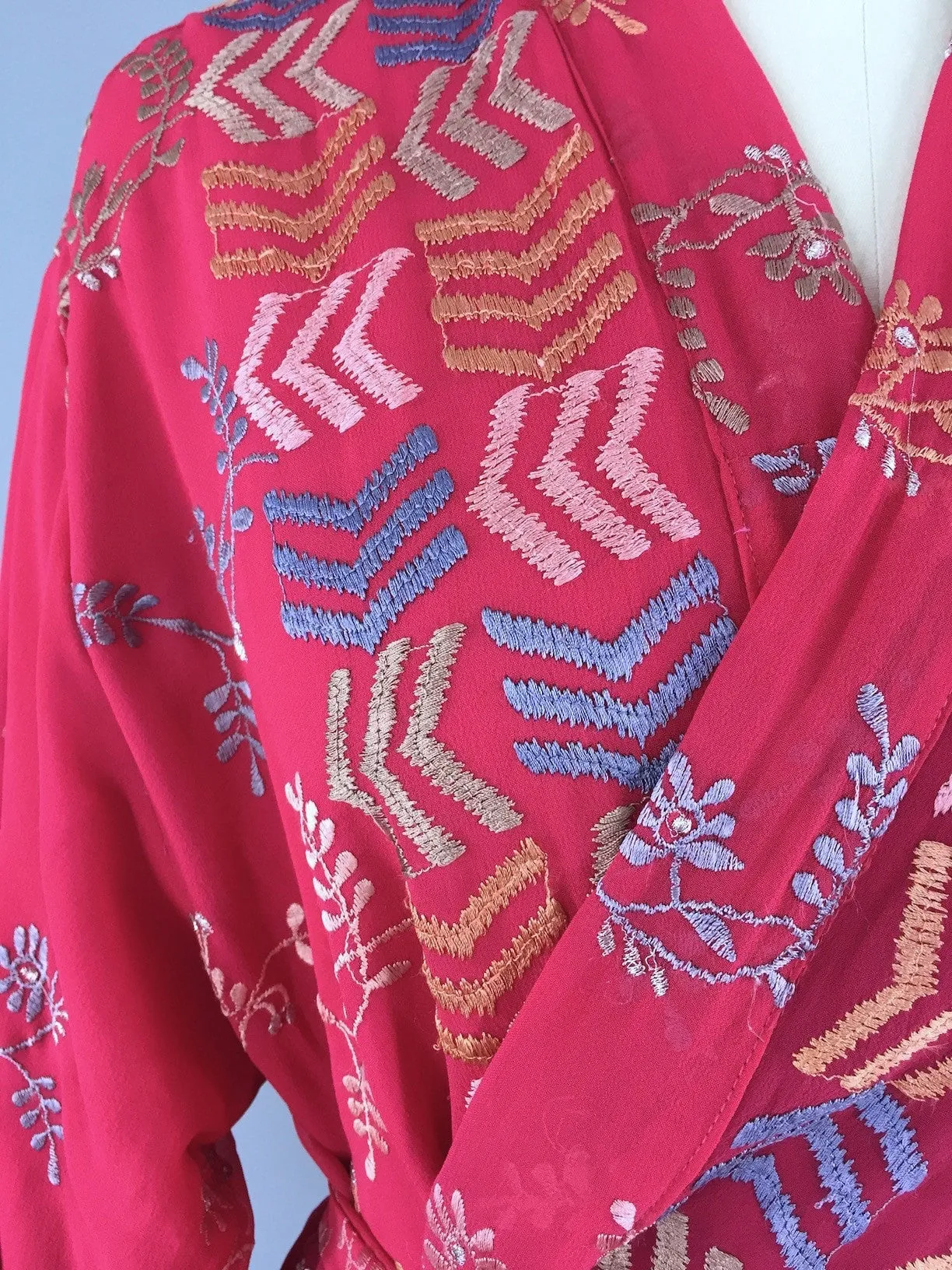 Silk Chiffon Kimono Cardigan made from a Vintage Indian Sari with Red Chevron Embroidery