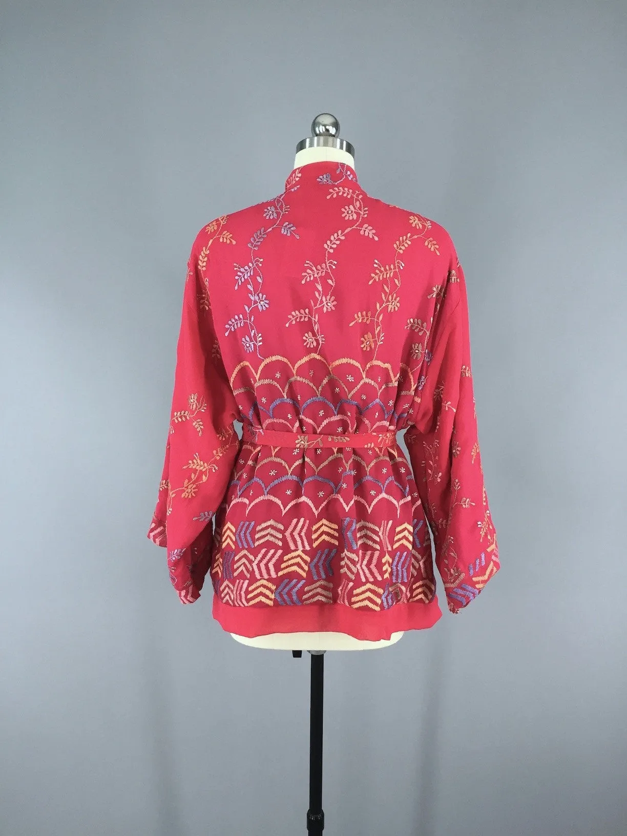 Silk Chiffon Kimono Cardigan made from a Vintage Indian Sari with Red Chevron Embroidery