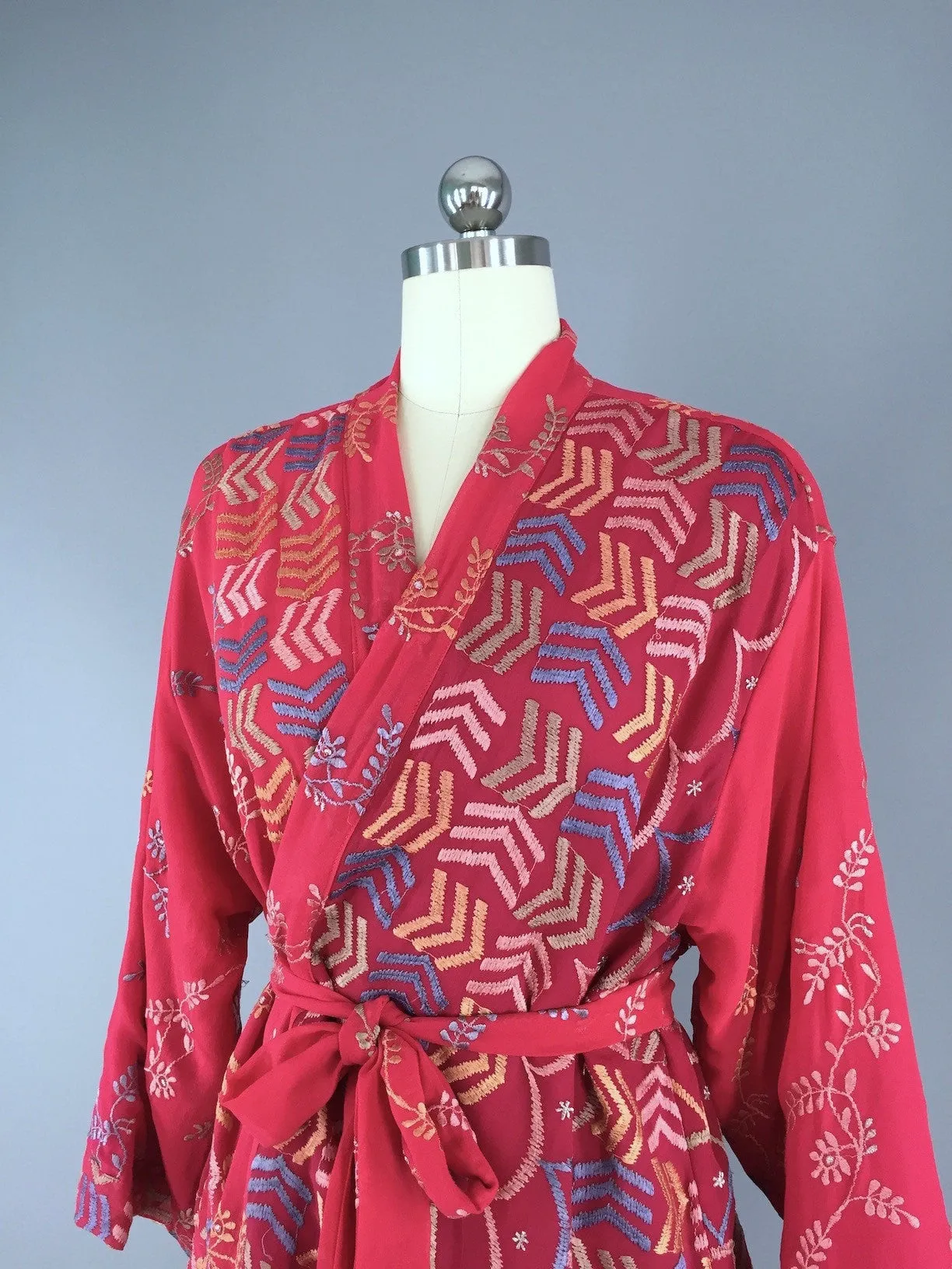 Silk Chiffon Kimono Cardigan made from a Vintage Indian Sari with Red Chevron Embroidery