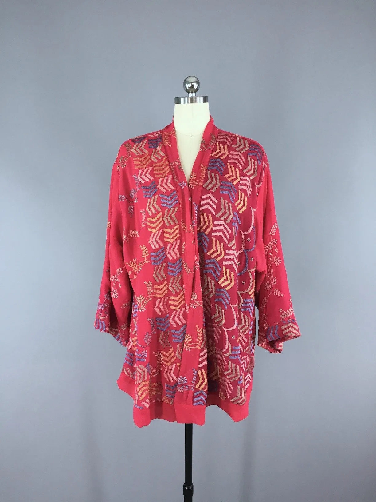 Silk Chiffon Kimono Cardigan made from a Vintage Indian Sari with Red Chevron Embroidery