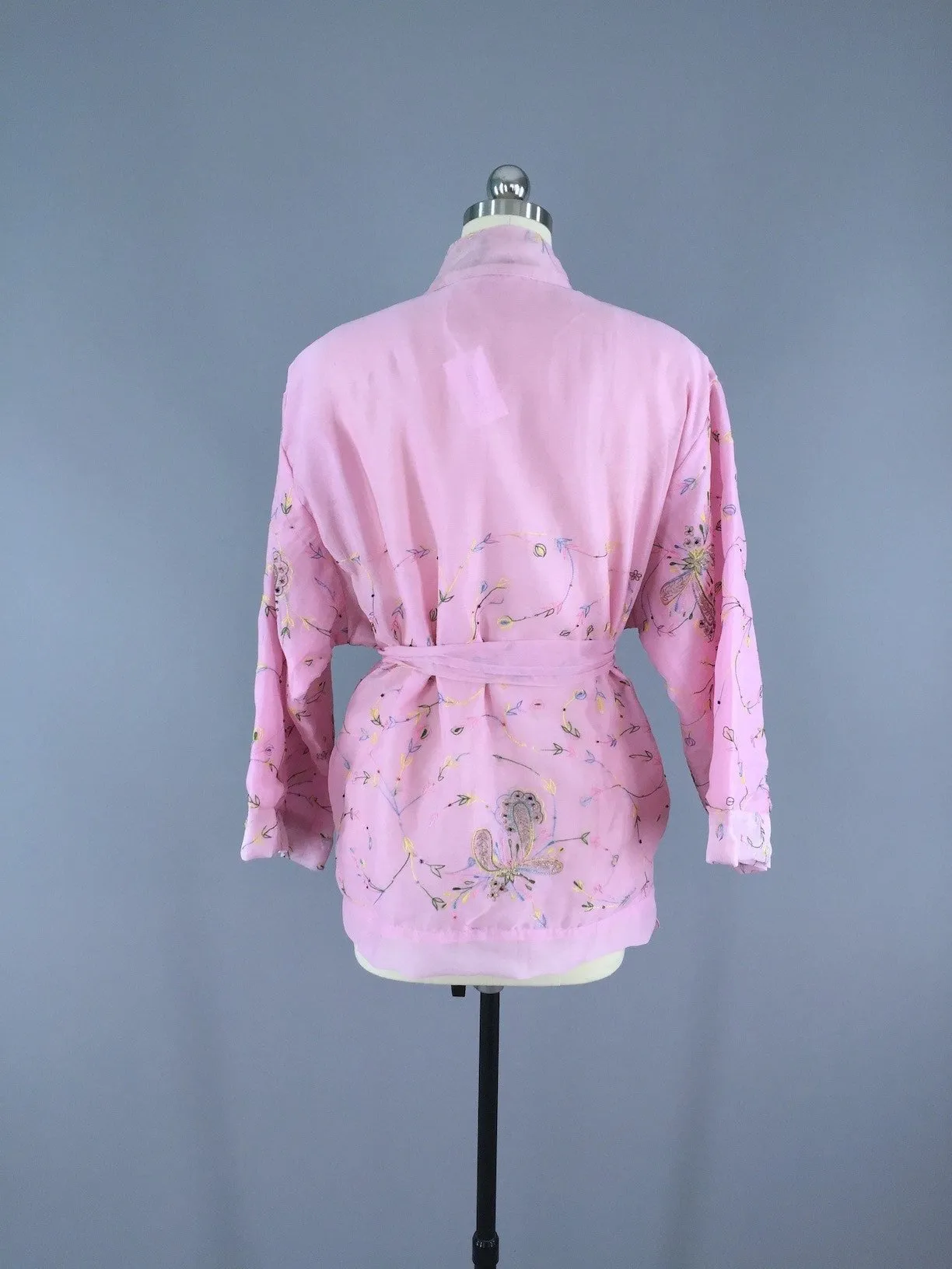 Silk Chiffon Kimono Cardigan / Vintage Indian Sari / Pastel Pink Floral