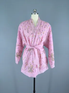 Silk Chiffon Kimono Cardigan / Vintage Indian Sari / Pastel Pink Floral