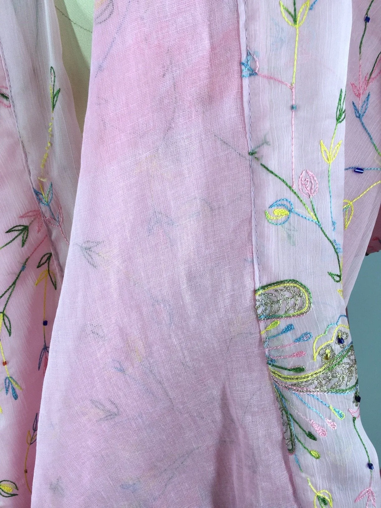 Silk Chiffon Kimono Cardigan / Vintage Indian Sari / Pastel Pink Floral