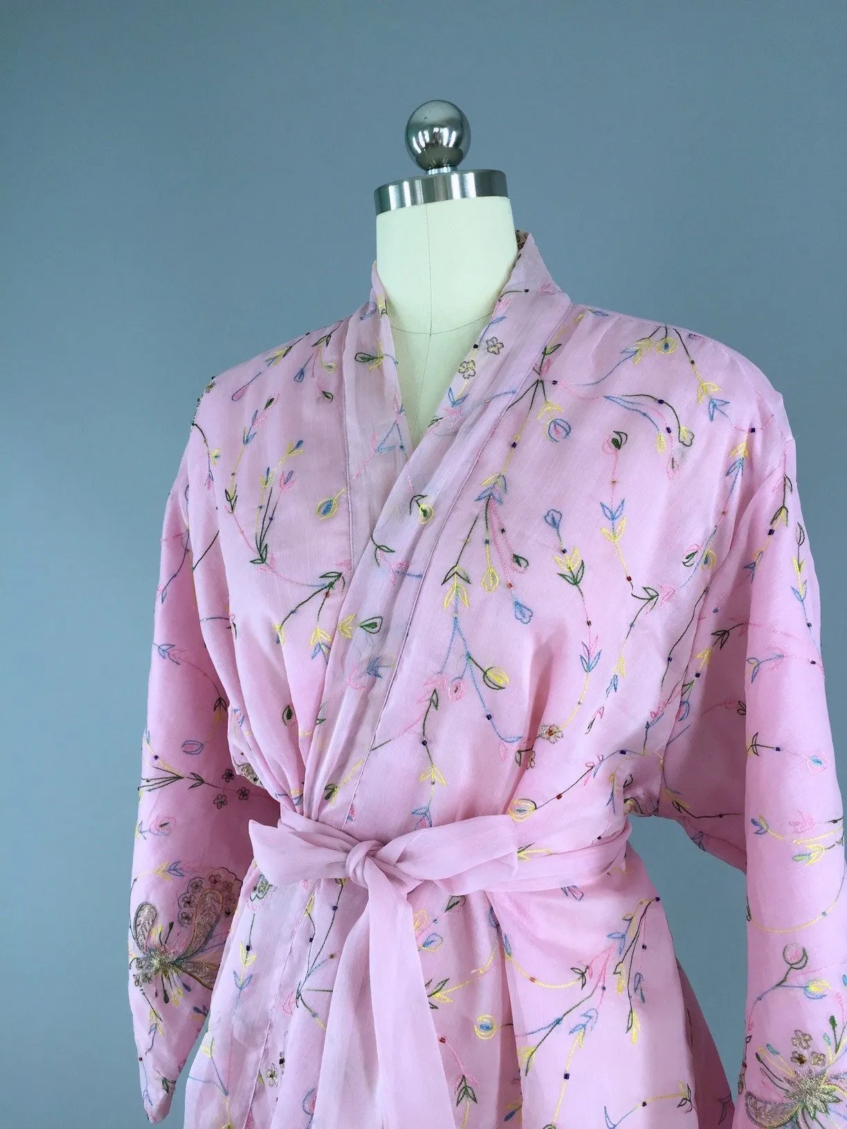 Silk Chiffon Kimono Cardigan / Vintage Indian Sari / Pastel Pink Floral