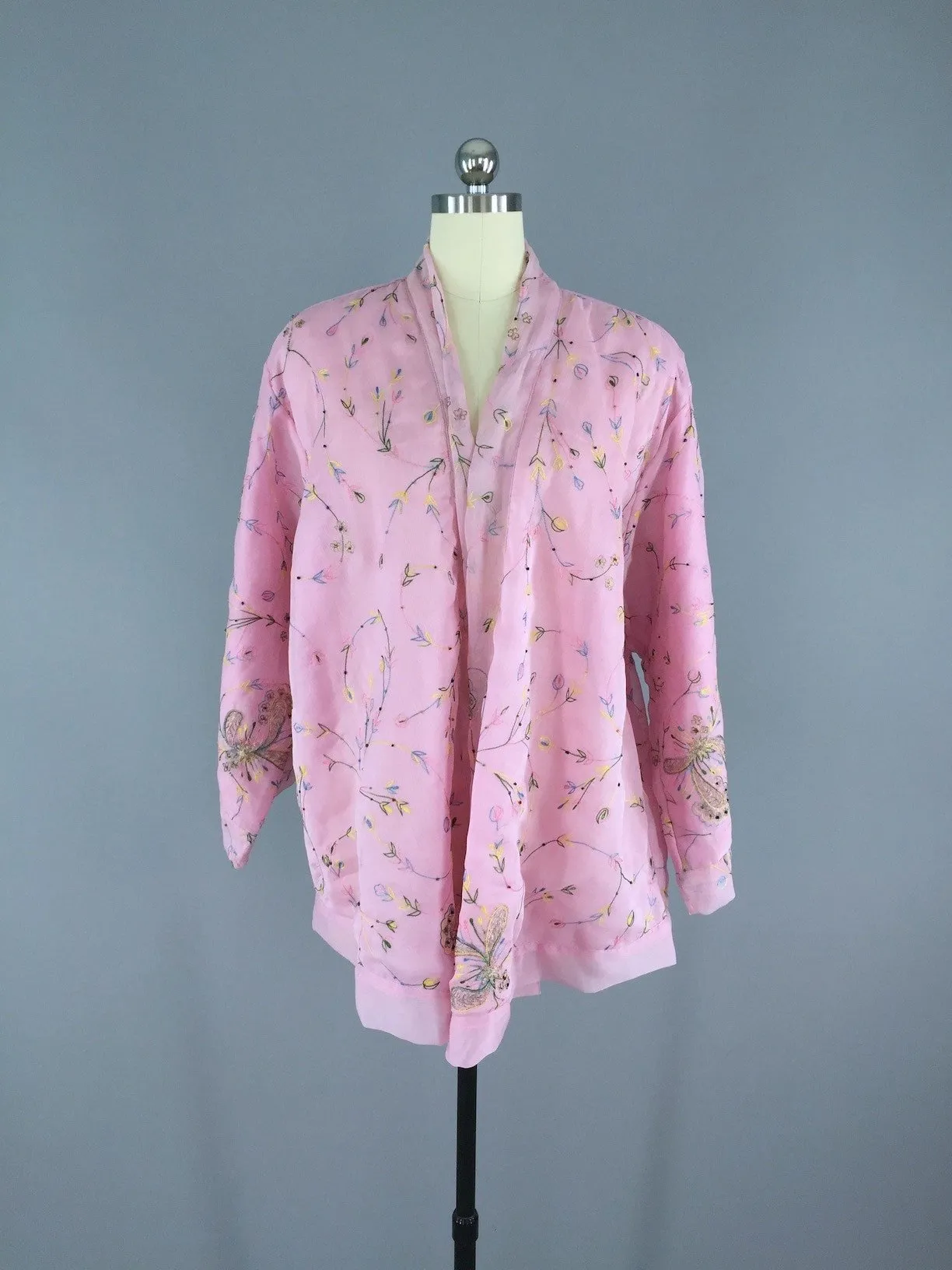 Silk Chiffon Kimono Cardigan / Vintage Indian Sari / Pastel Pink Floral