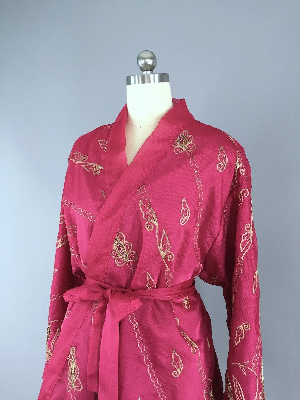 Silk Chiffon Kimono Cardigan / Vintage Indian Sari / Pink & Gold Embroidery