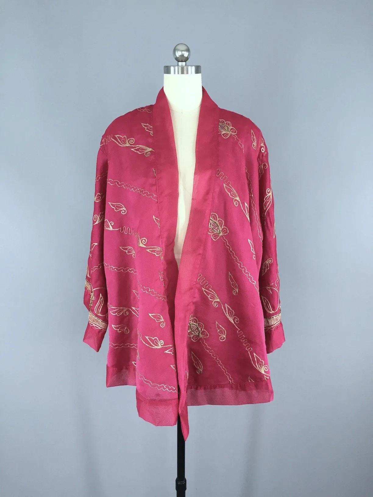 Silk Chiffon Kimono Cardigan / Vintage Indian Sari / Pink & Gold Embroidery