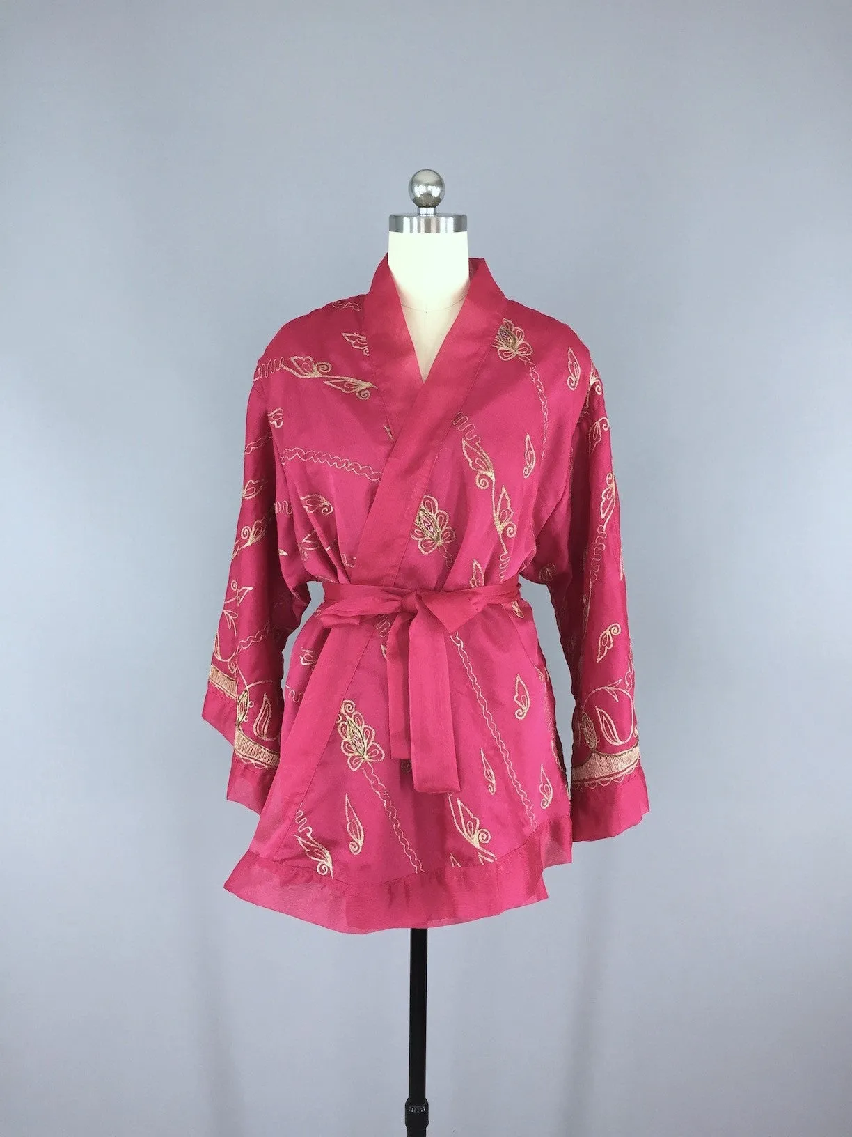 Silk Chiffon Kimono Cardigan / Vintage Indian Sari / Pink & Gold Embroidery