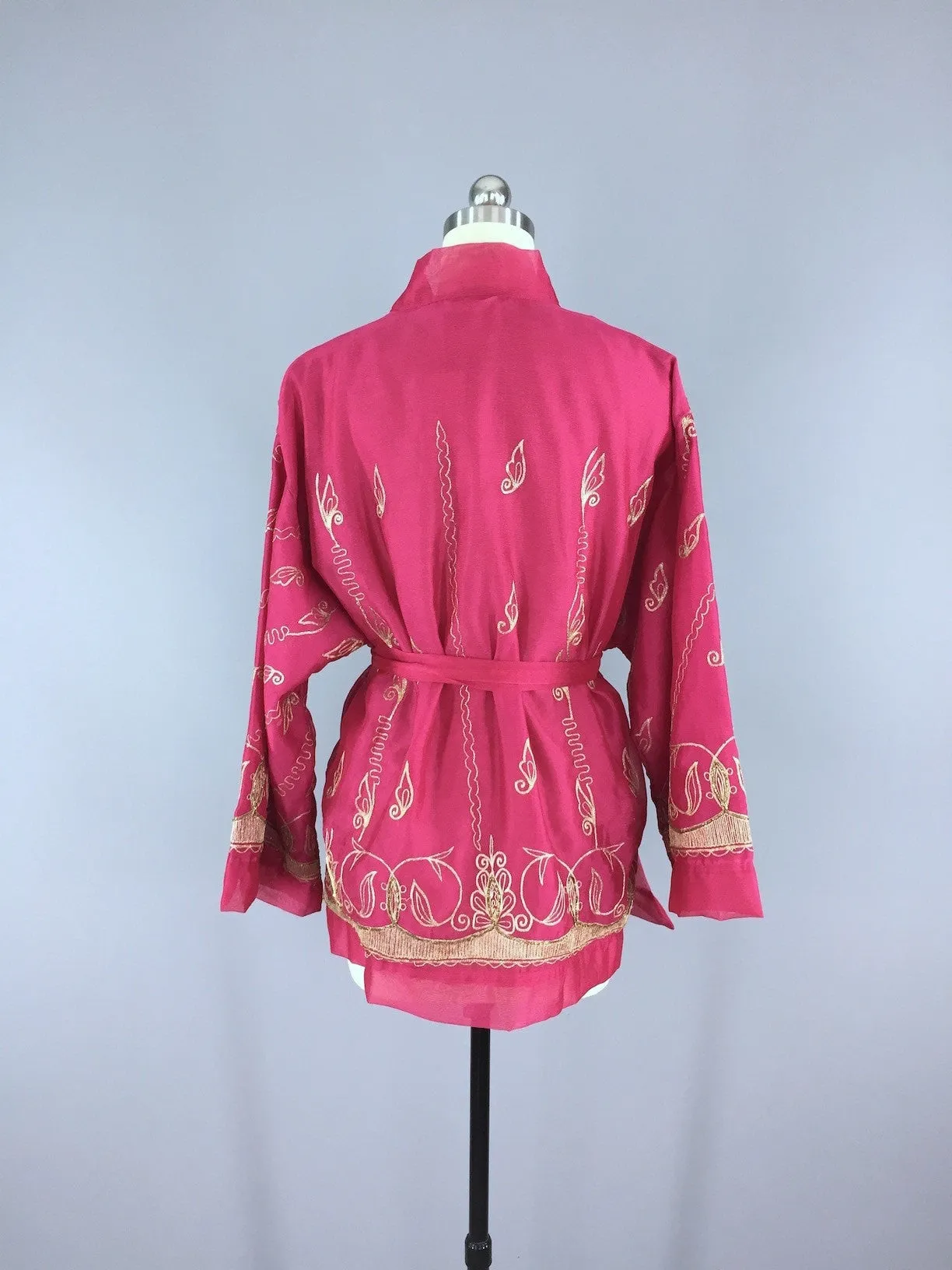 Silk Chiffon Kimono Cardigan / Vintage Indian Sari / Pink & Gold Embroidery