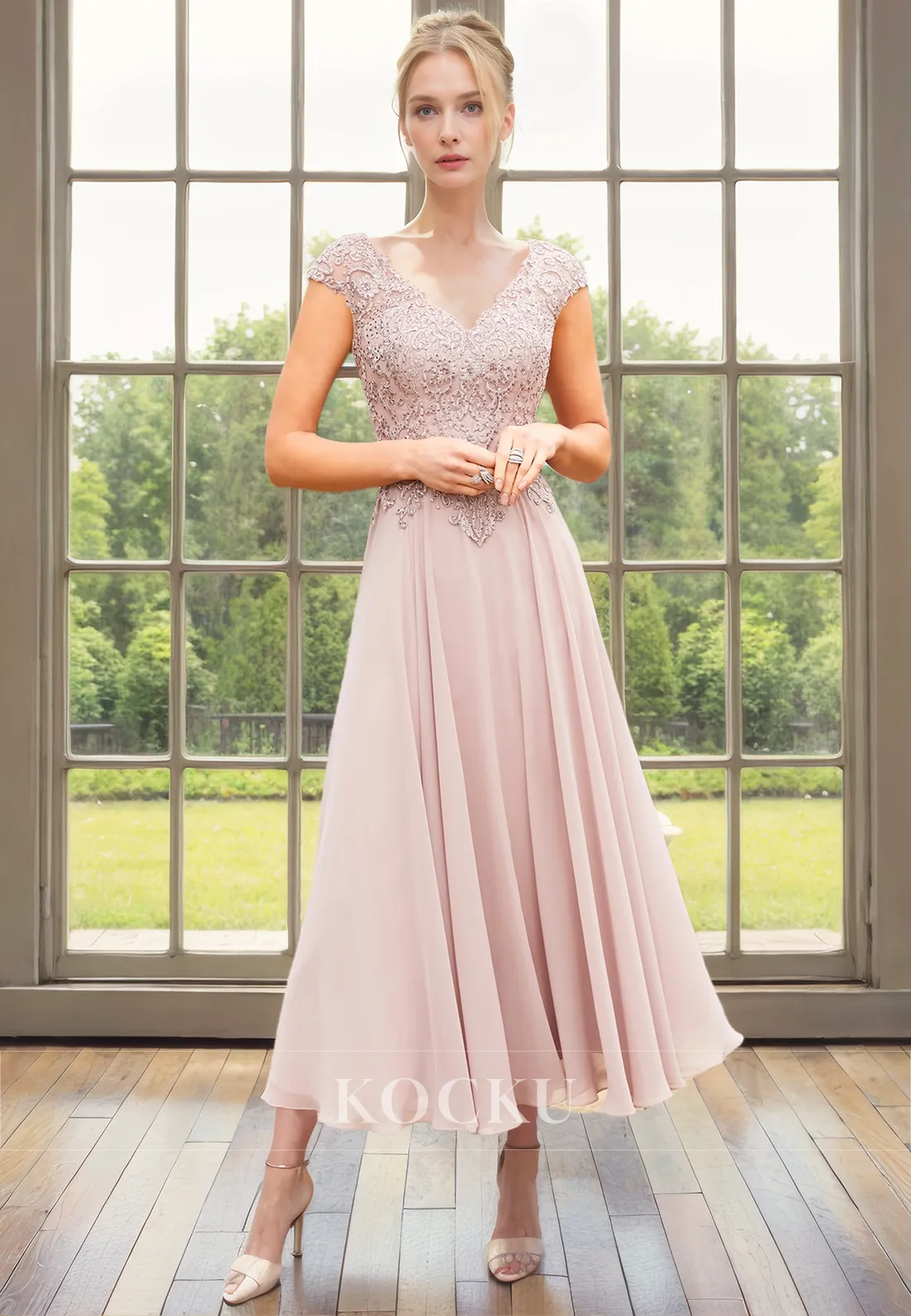 Simple & Casual Short sleeves Appliques Chiffon A-Line Cocktail Mother of the Bride Dress