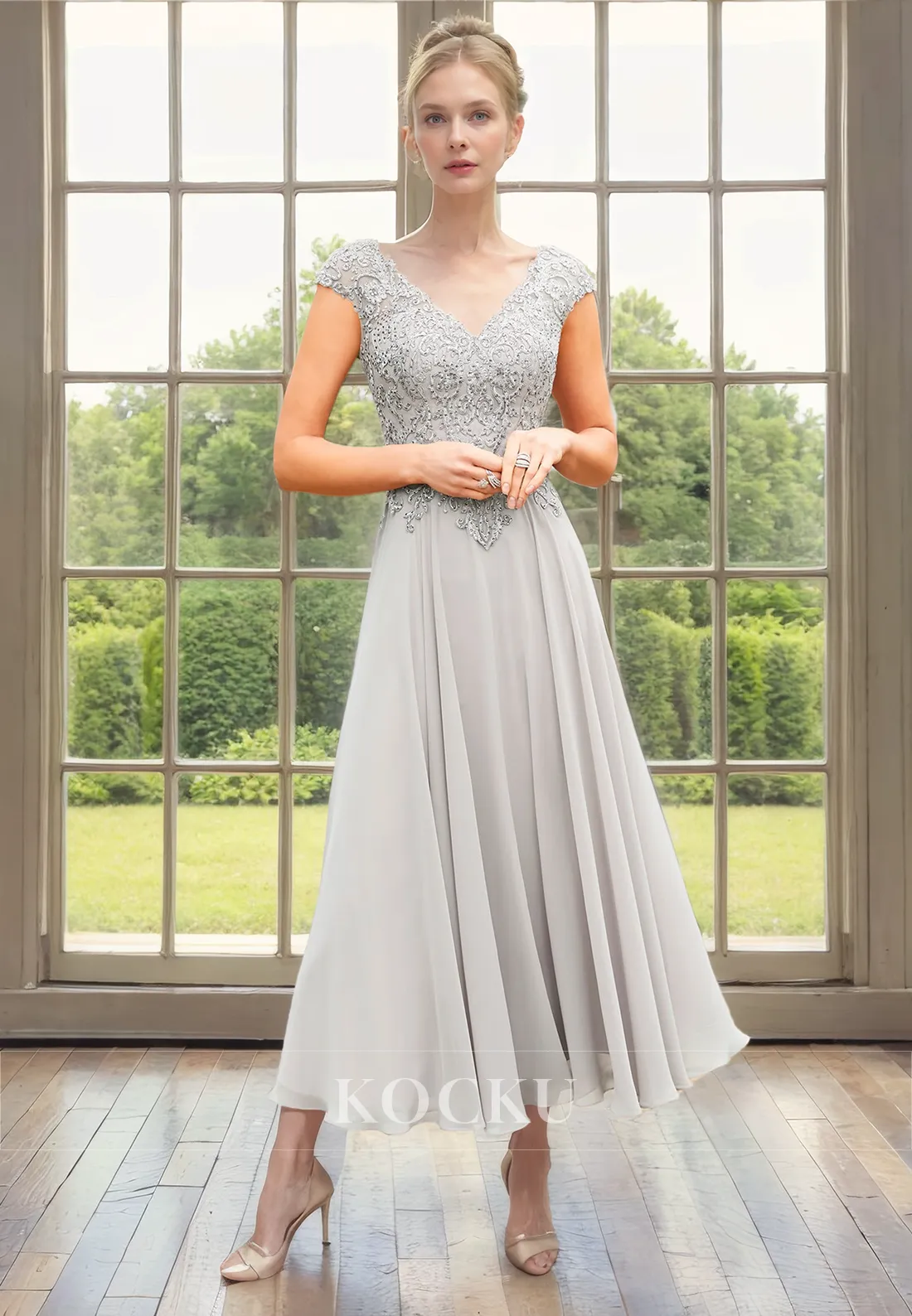 Simple & Casual Short sleeves Appliques Chiffon A-Line Cocktail Mother of the Bride Dress