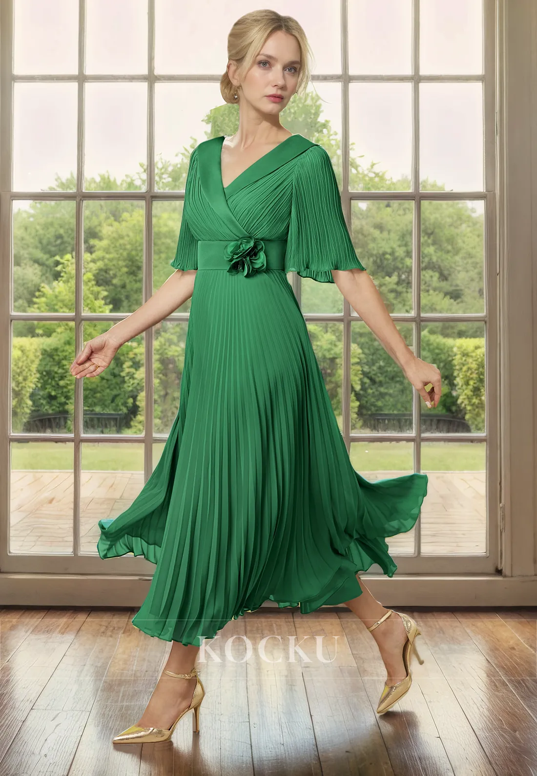 Simple & Casual Short sleeves V-Neck Chiffon Cocktail Mother of the Bride Dress With Flower