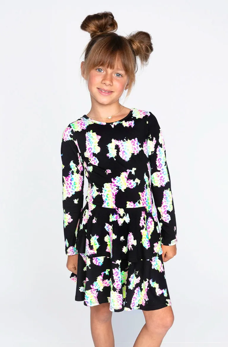 Simply Soft Long Sleeve Ruffle Skirt Dress - Black Rainbow Leopard