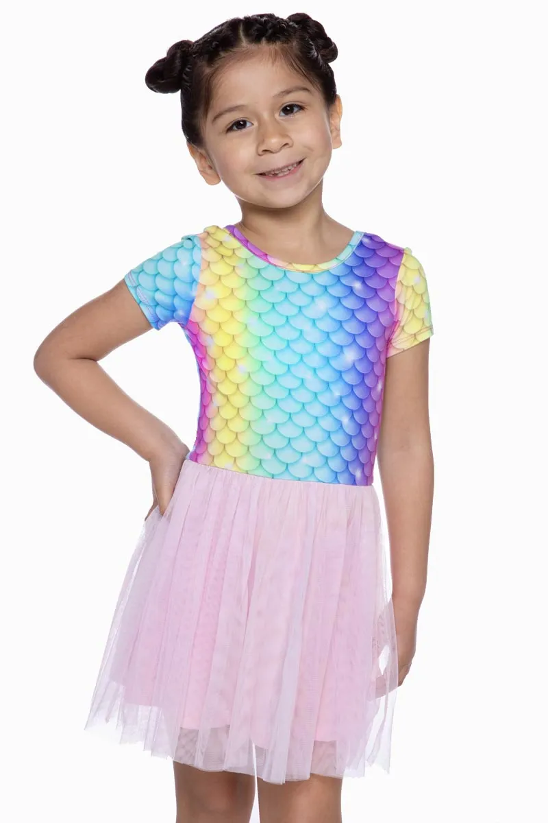 Simply Soft Short Sleeve Be Happy Tulle Dress - Pink Rainbow Mermaid