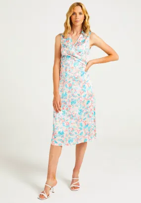 Sleeveless Collared Wrap Midi Dress in Peach Pink Floral Print