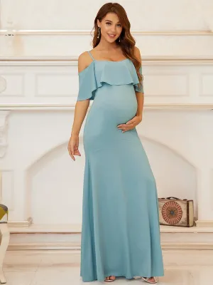 Spaghetti Strap Ruffled Top Cold Shoulder Maternity Dress