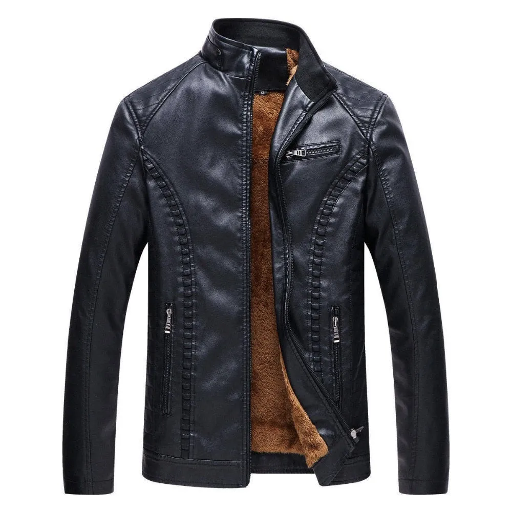 Stand Collar Biker Style with Warm Fleece Inner Men Jacket