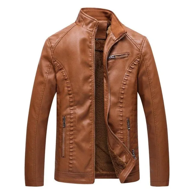 Stand Collar Biker Style with Warm Fleece Inner Men Jacket