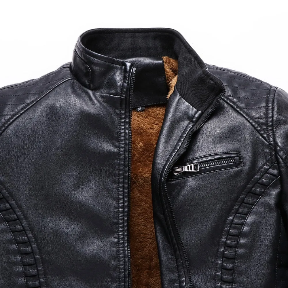 Stand Collar Biker Style with Warm Fleece Inner Men Jacket