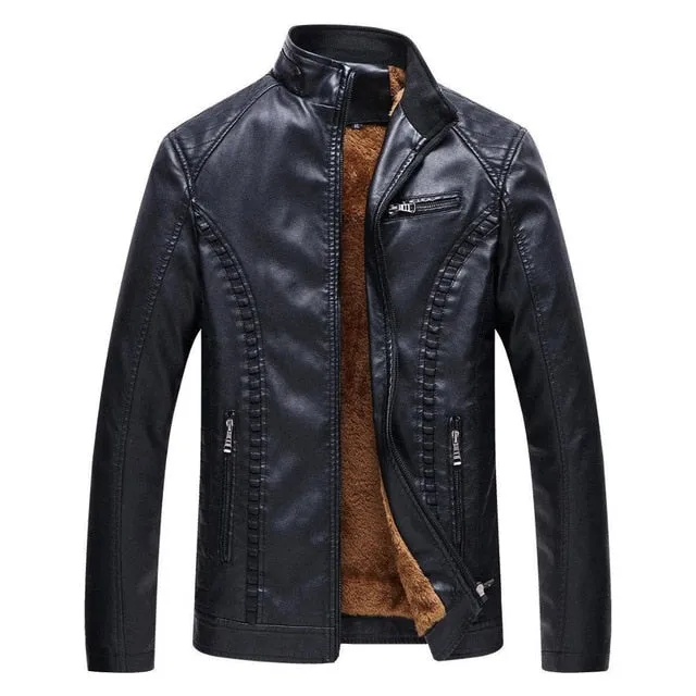 Stand Collar Biker Style with Warm Fleece Inner Men Jacket