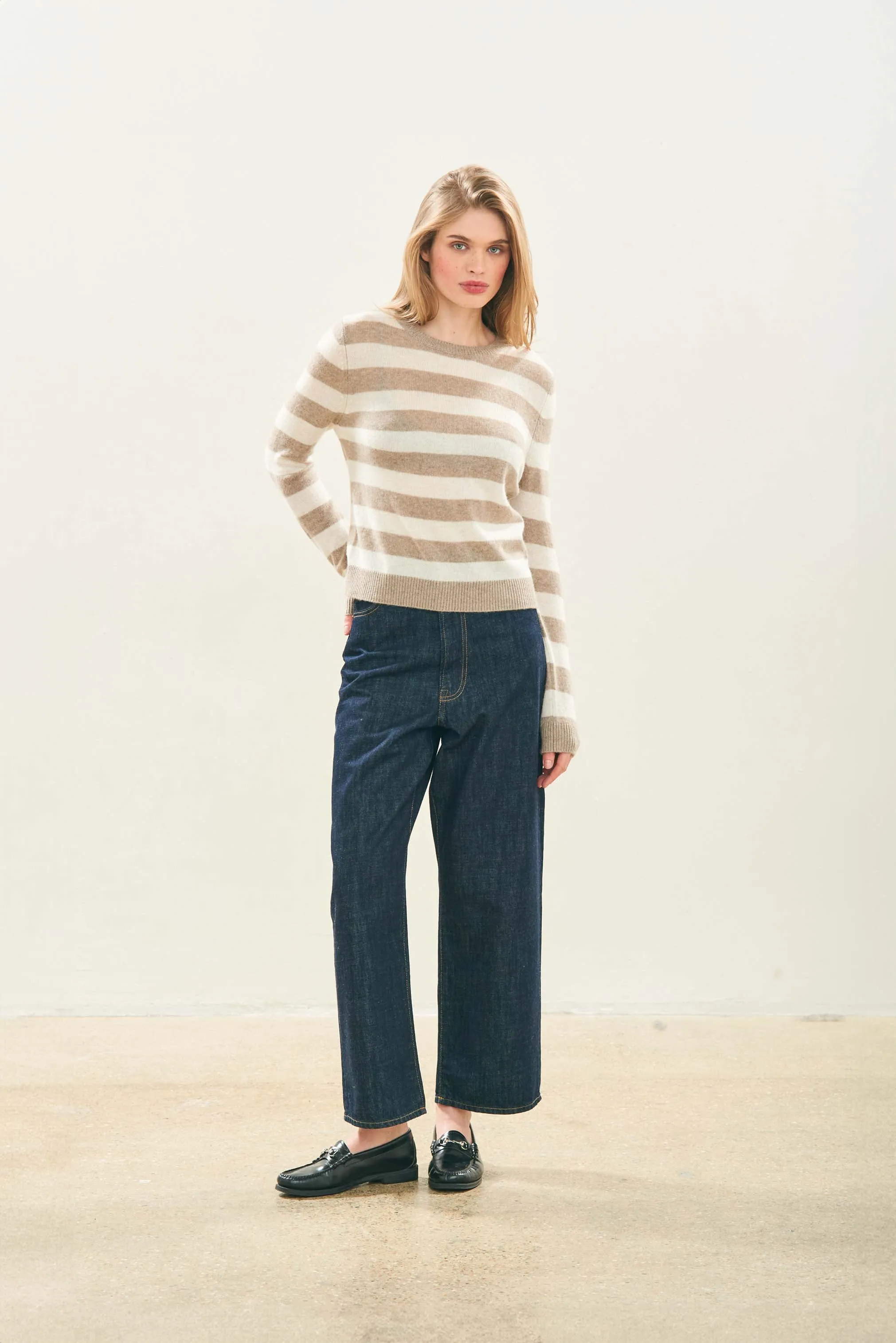 Stripe Cashmere Crew in Organic Light Brown and Cream