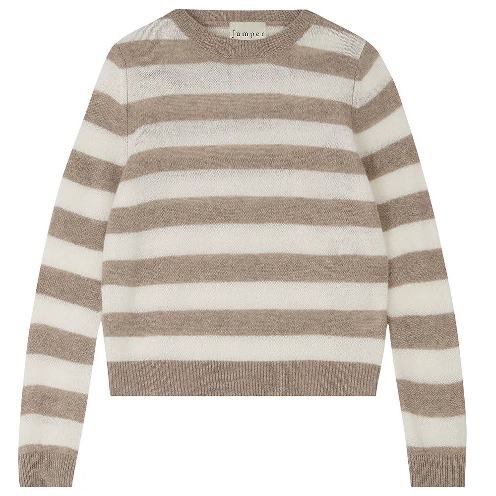 Stripe Cashmere Crew in Organic Light Brown and Cream