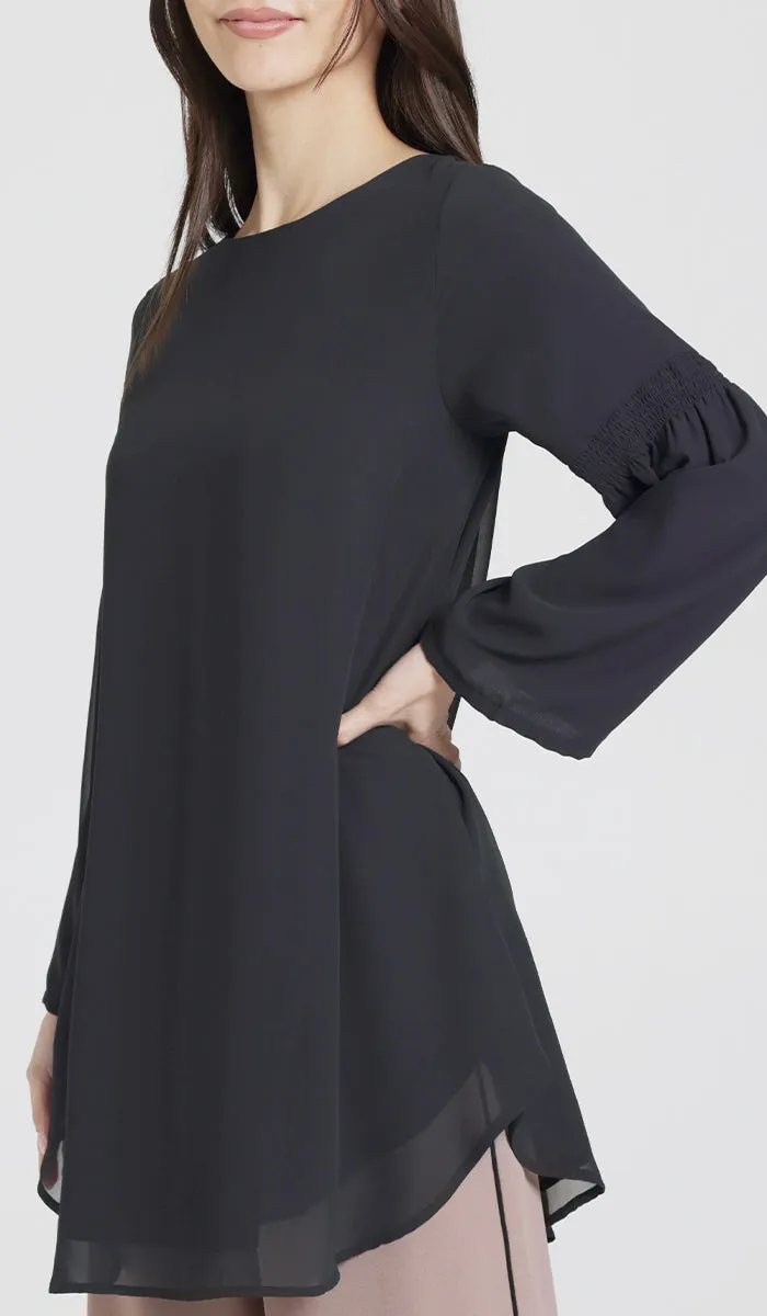 Sundus Long Chiffon Modest Top - Black - PREORDER (ships in 2 weeks)