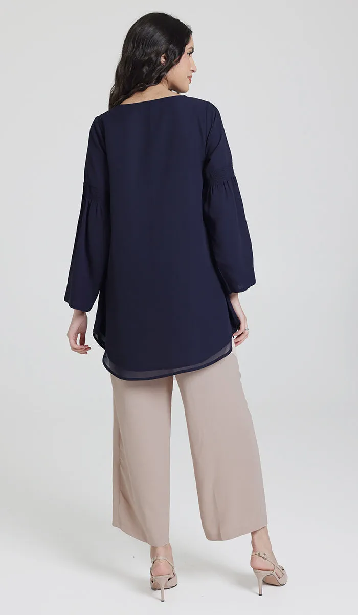 Sundus Long Chiffon Modest Top - Navy