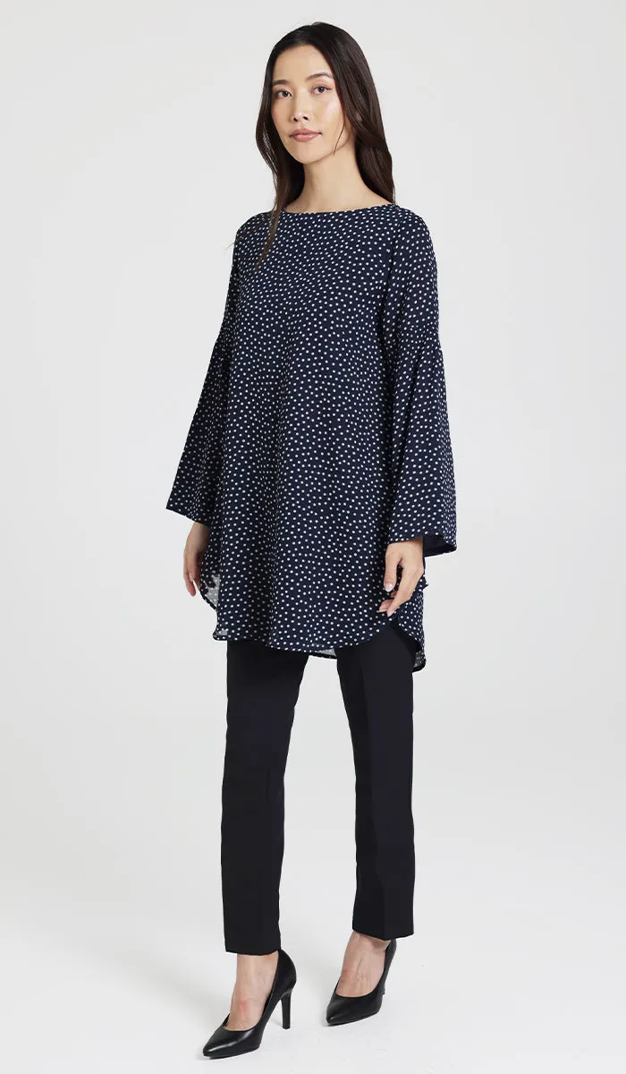 Sundus Long Chiffon Print Modest Top - Navy Dot