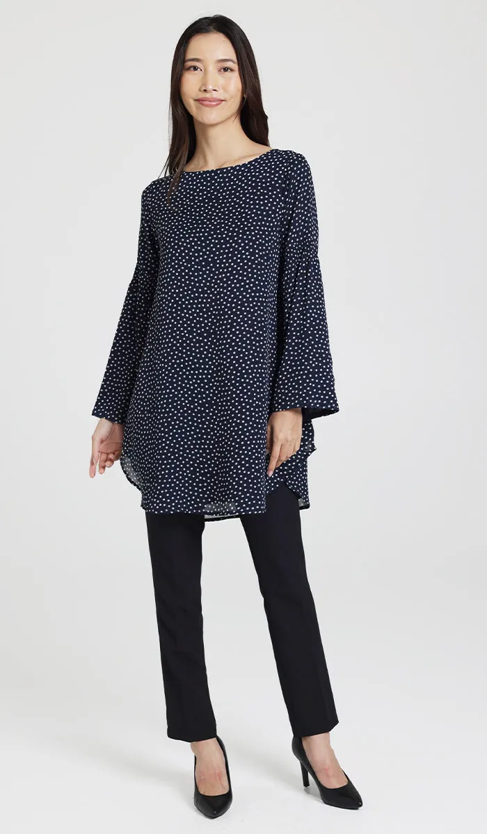 Sundus Long Chiffon Print Modest Top - Navy Dot