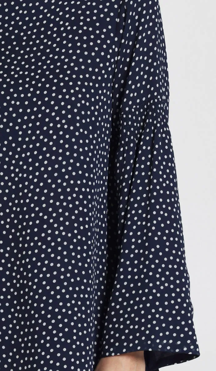 Sundus Long Chiffon Print Modest Top - Navy Dot