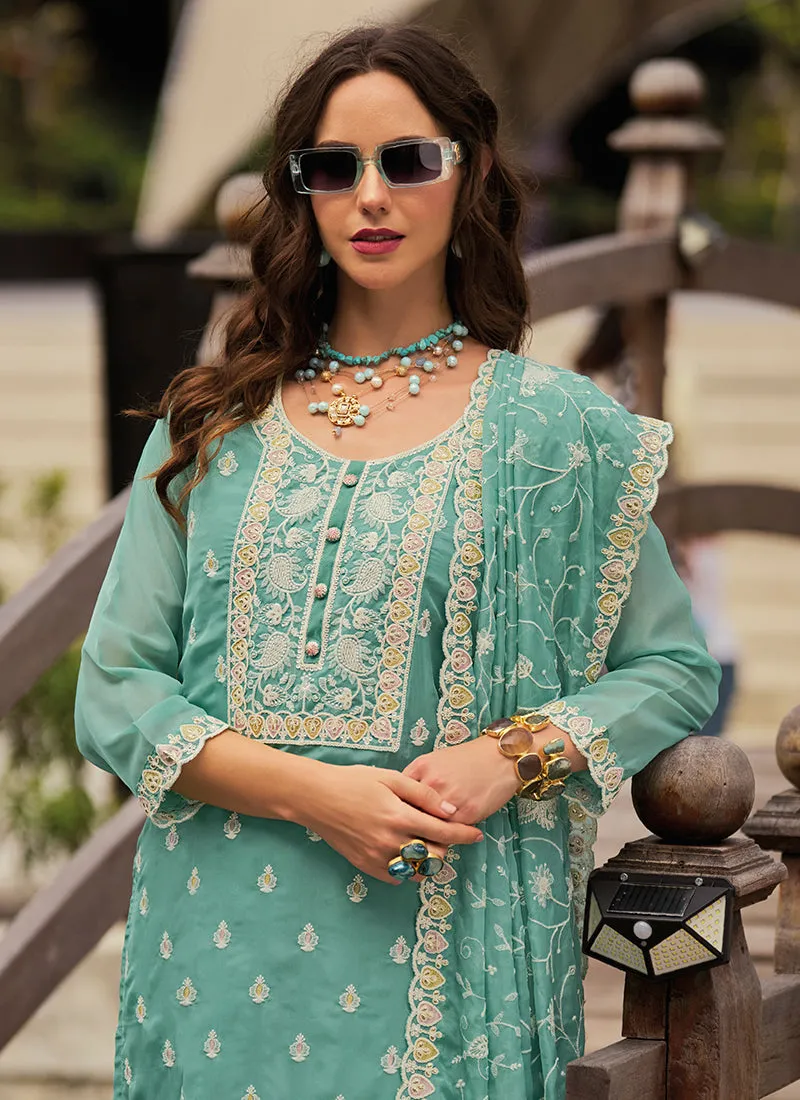 Turquoise Traditional Embroidery Pant Style Suit