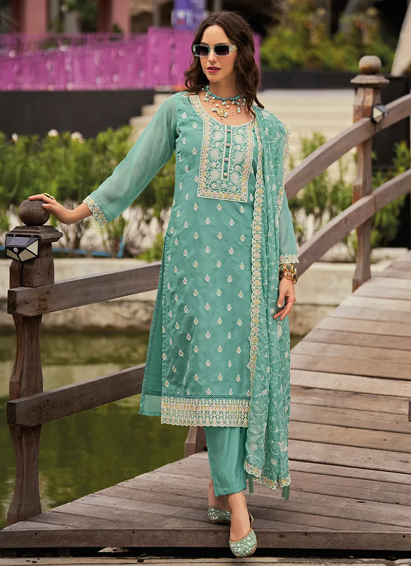 Turquoise Traditional Embroidery Pant Style Suit