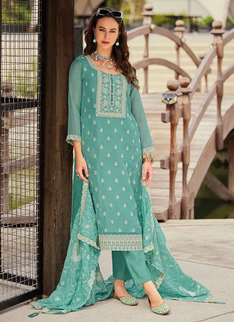 Turquoise Traditional Embroidery Pant Style Suit